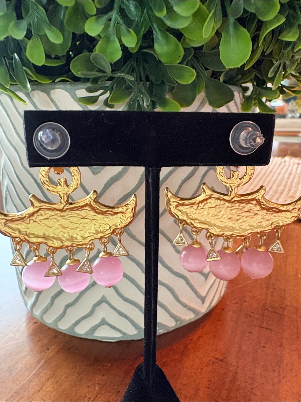 Gold & Pink Crystal Chandbali Drop Earrings - Picture 4 of 4